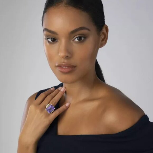 Lagos Glacier Caviar Emerald Cut Amethyst Ring Womens 6 Sterling Silver Gold XL - Picture 14 of 14